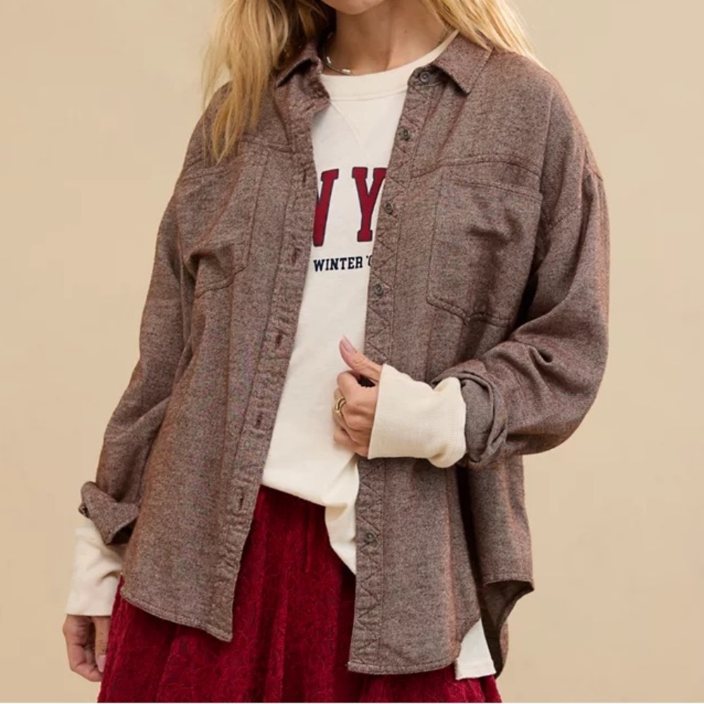 Aerie Shirt Womens Small Brown Anytime Fave Twill Oversized Relaxed Button Up